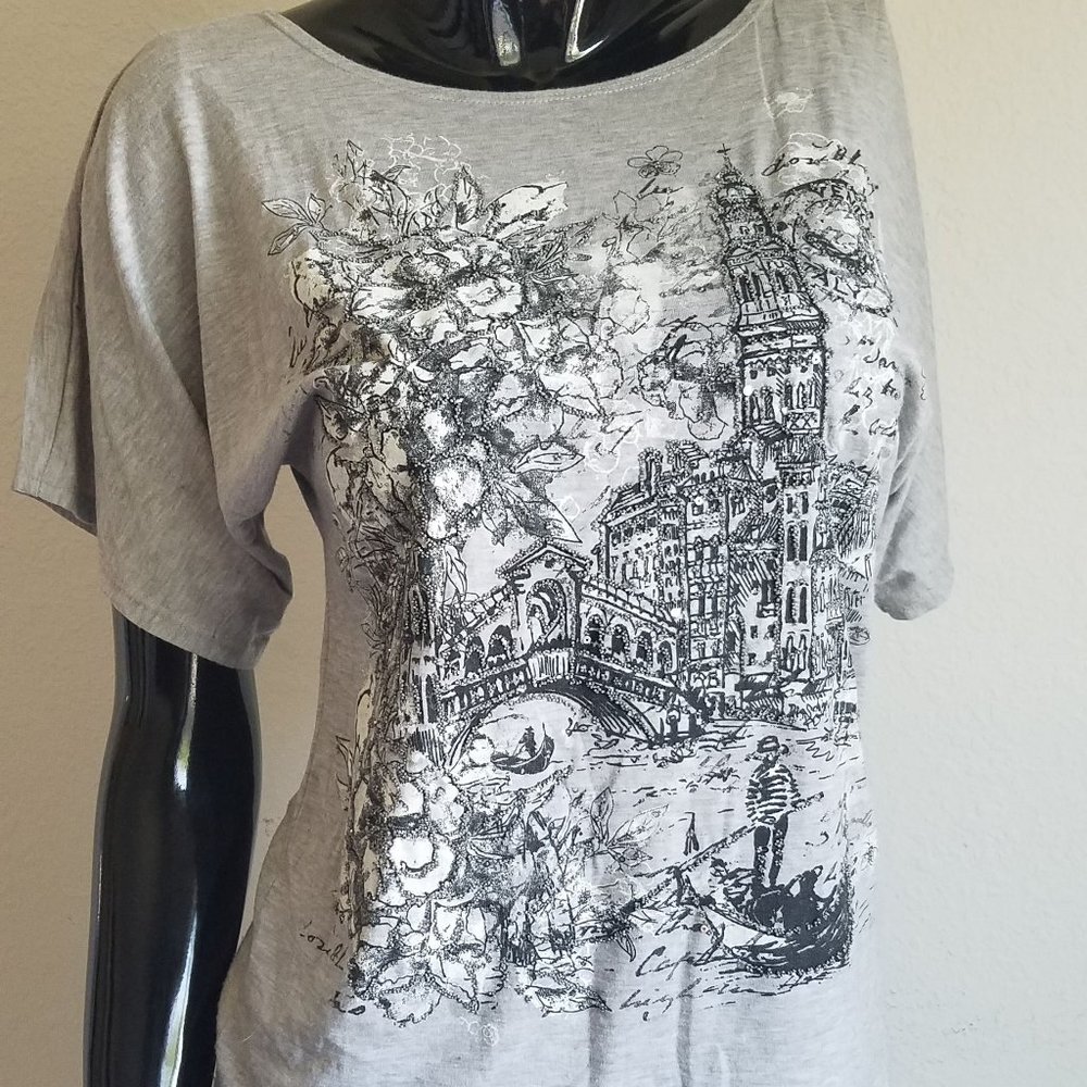 Grey Loose Fitting Beaded Venice Graphic Shirt